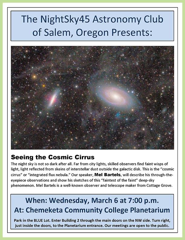 Night Sky 45 Astronomy Club March 6, 2019 meeting poster
