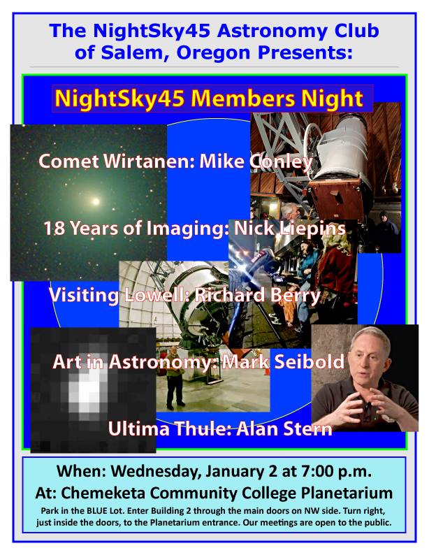 NightSky 45 Astronomy Club January 2, 2019 meeting poster