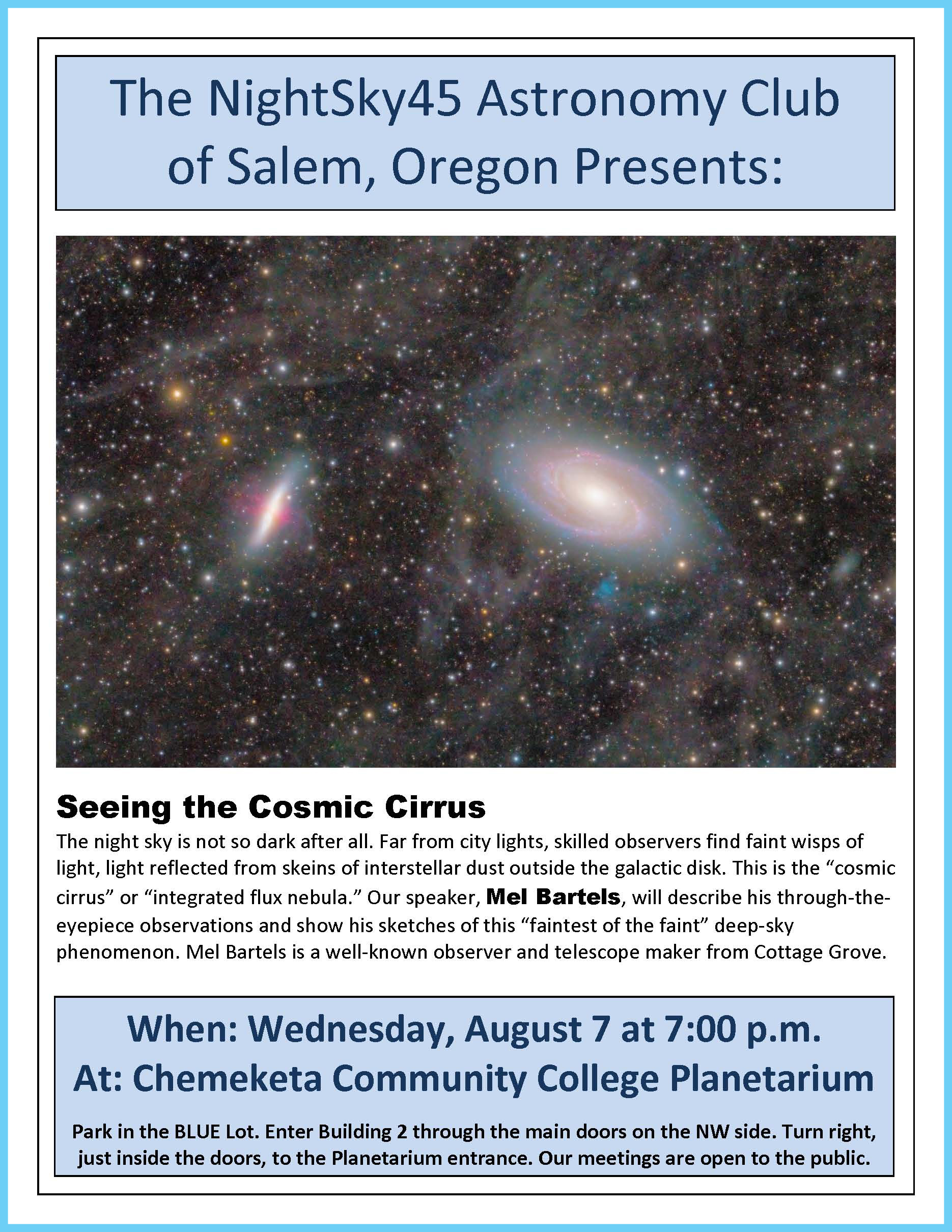 Night Sky 45 Astronomy Club August meeting poster