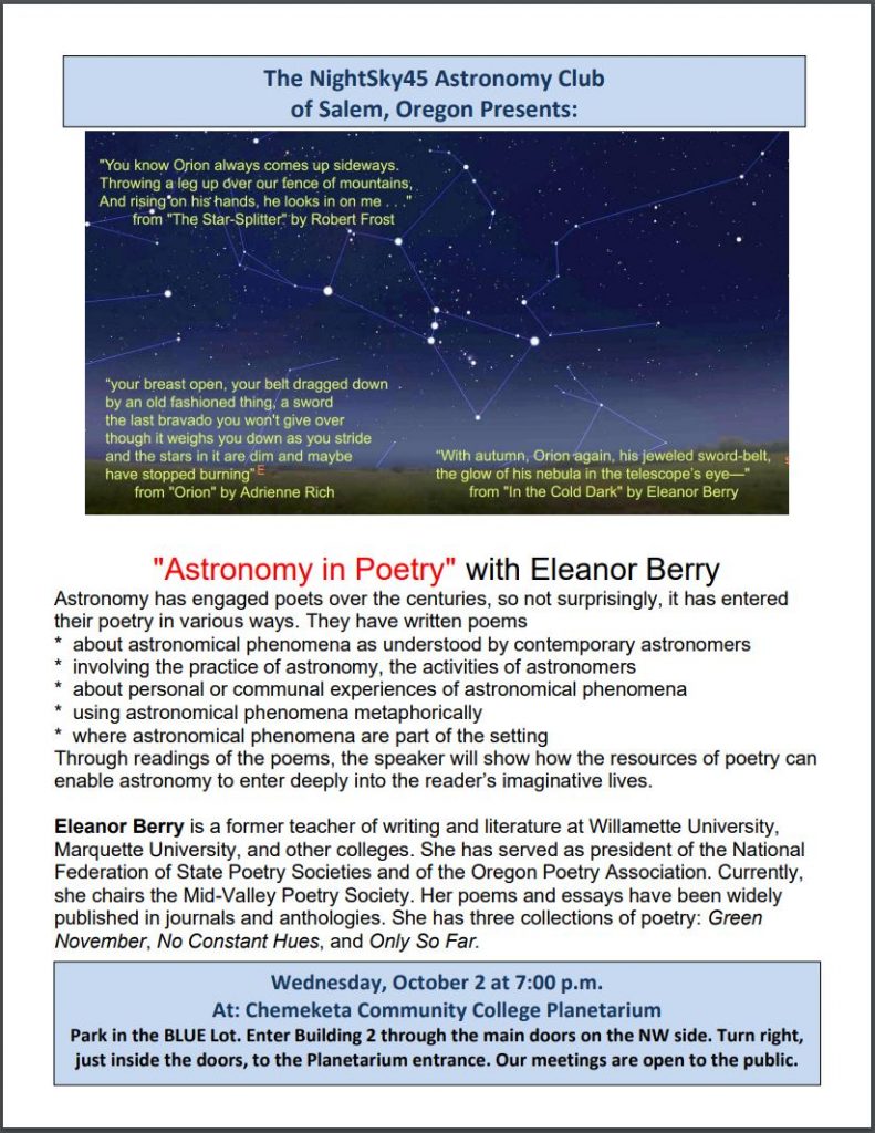Night Sky 45 Astronomy Club October meeting poster