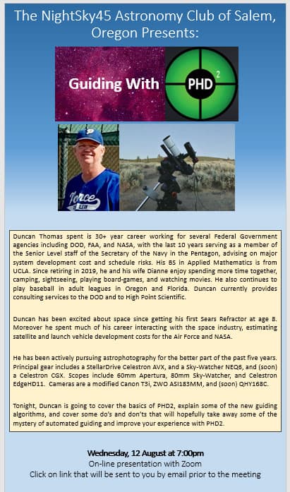 NightSky45 Astronomy Club August meeting poster.